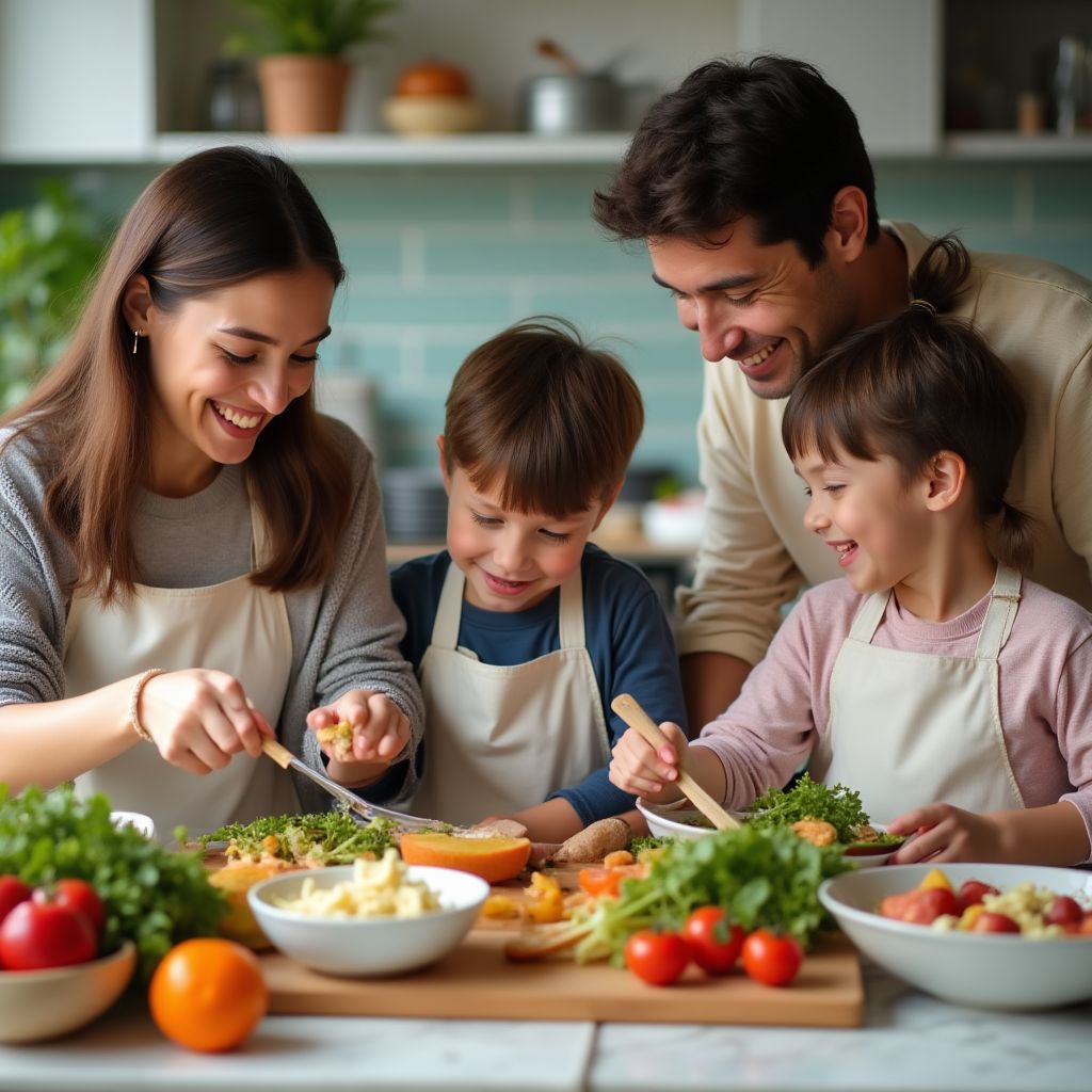 Family cooking healthy meal together